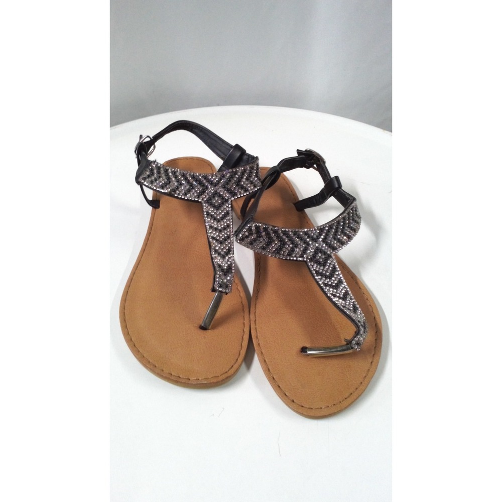 Womens Black Rhinestone T-Strap Flat Sandals Ankle Strap Buckle Sparkly Shoes‎